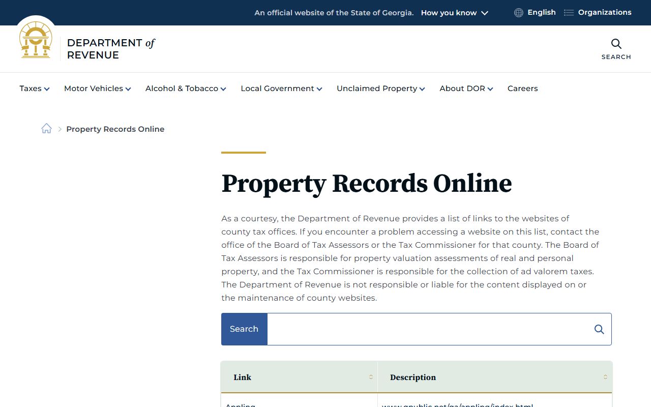 Georgia Department of Revenue property records online page